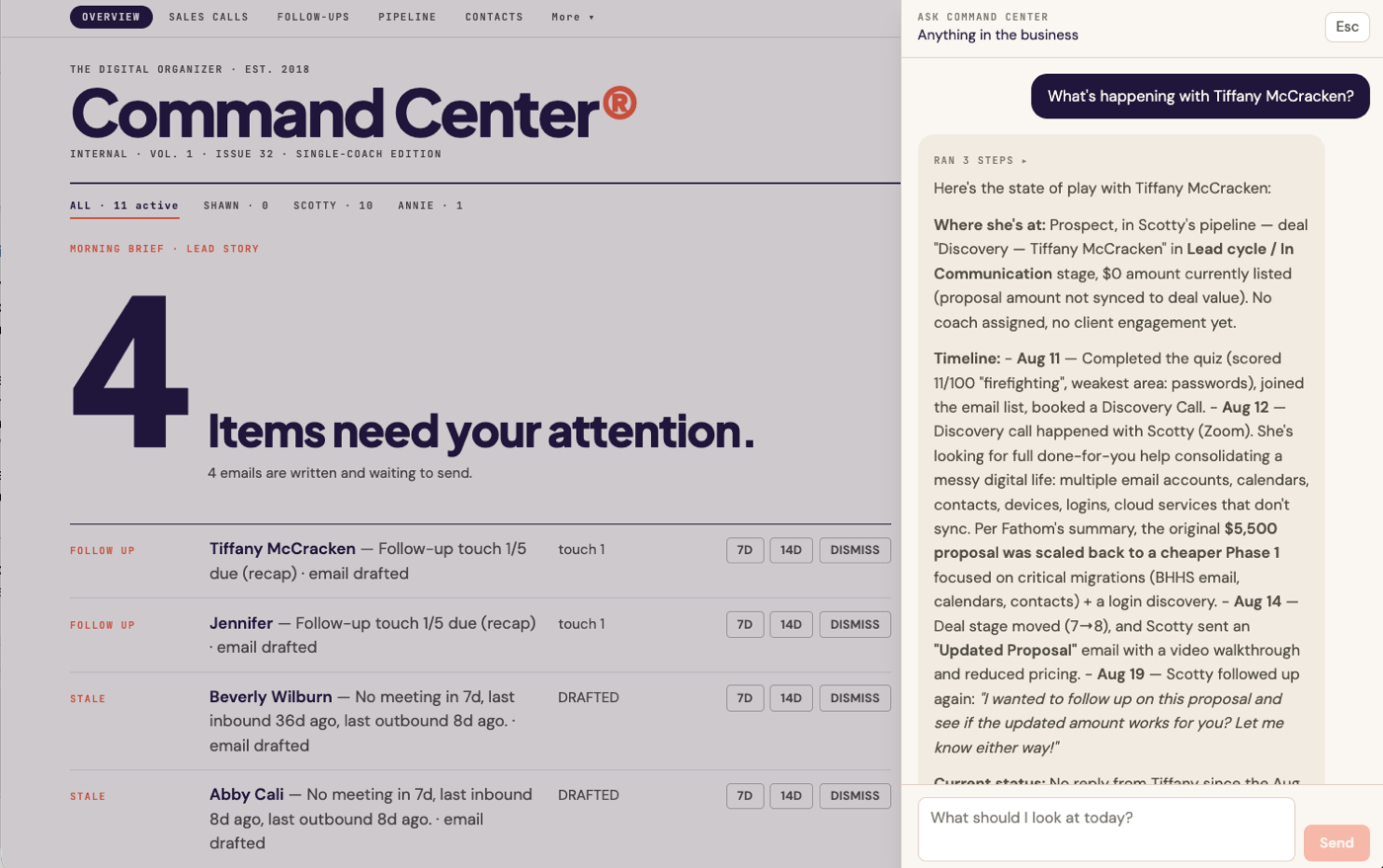 Command Center Ask panel answering a live pipeline question beside the morning attention list
